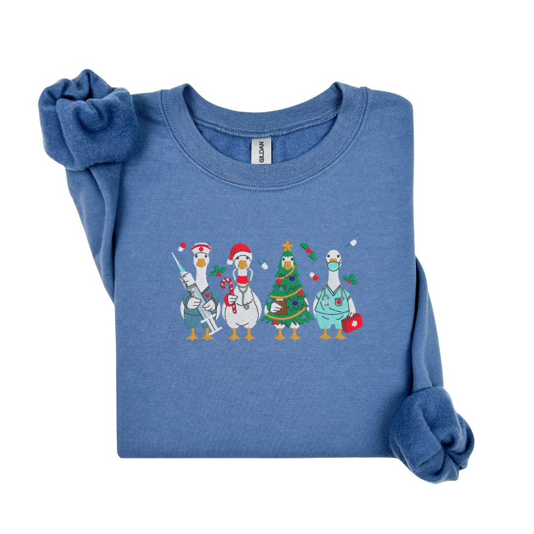Cozy Nurse Christmas Sweater – Embroidered Goose Nurses Crew
