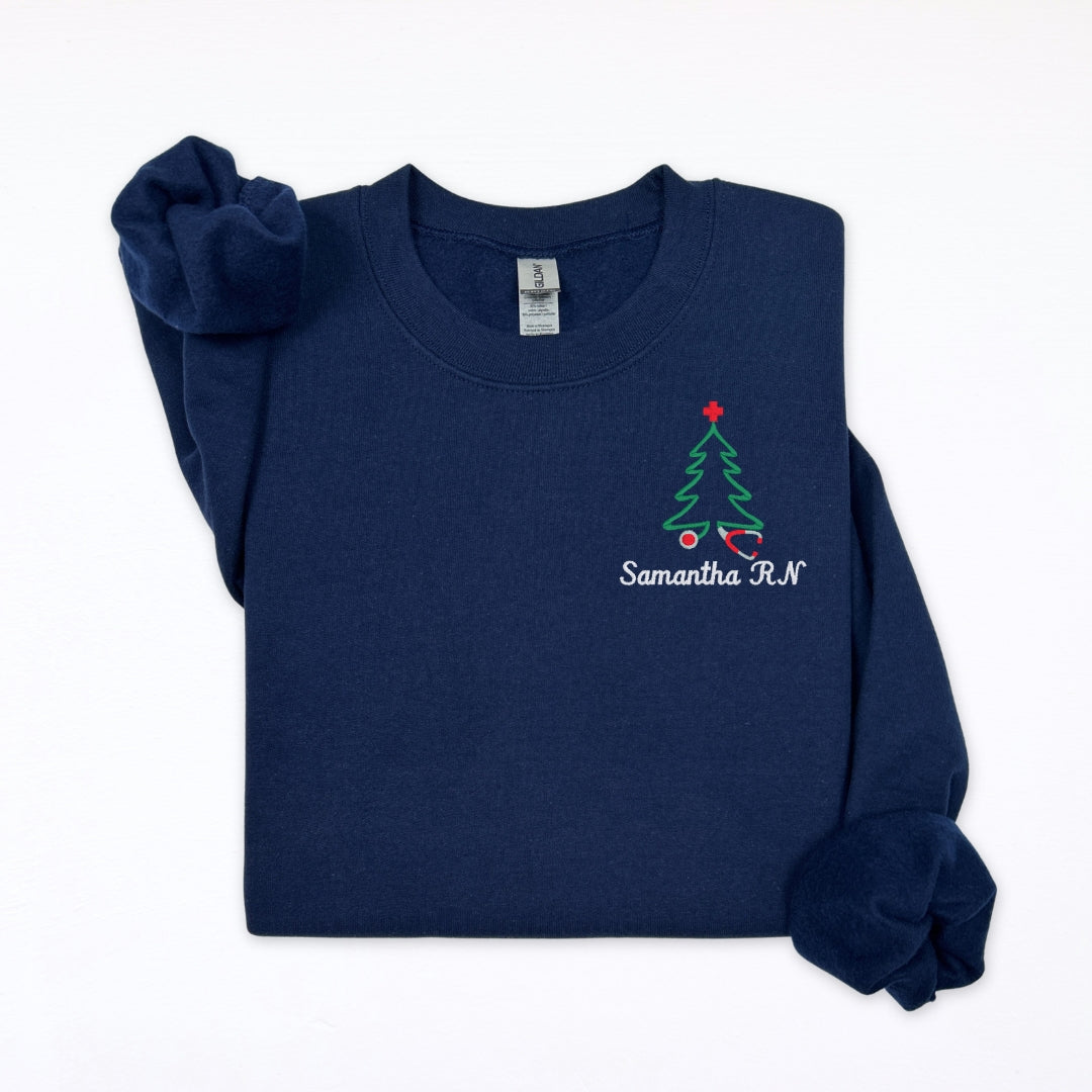 Personalized Nurse Christmas Sweater – Embroidered Stethoscope Christmas Tree Design