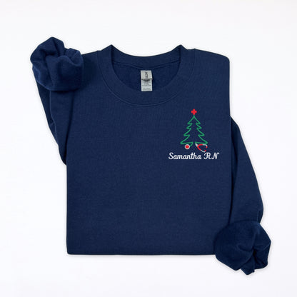 Personalized Nurse Christmas Sweater – Embroidered Stethoscope Christmas Tree Design