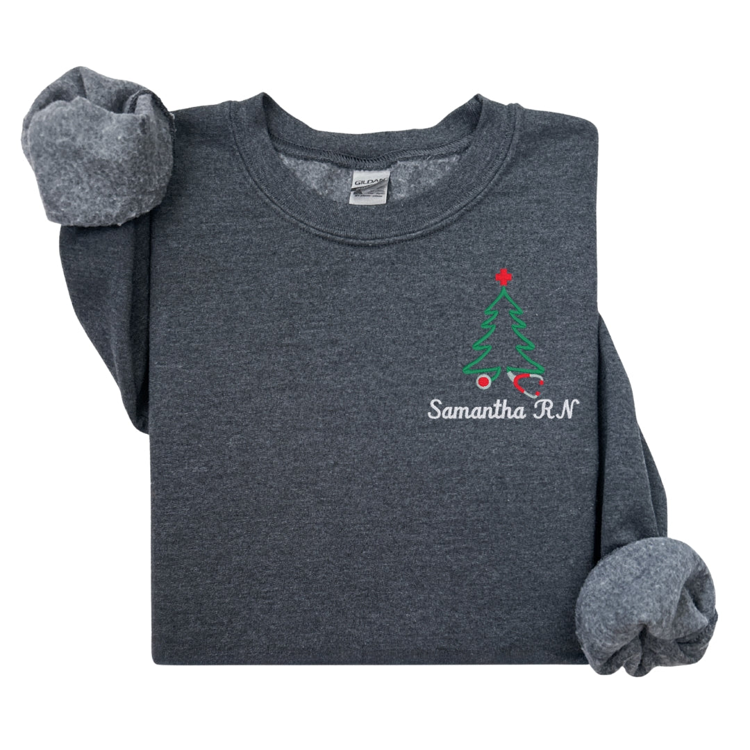 Personalized Nurse Christmas Sweater – Embroidered Stethoscope Christmas Tree Design