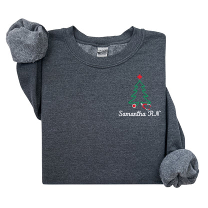 Personalized Nurse Christmas Sweater – Embroidered Stethoscope Christmas Tree Design