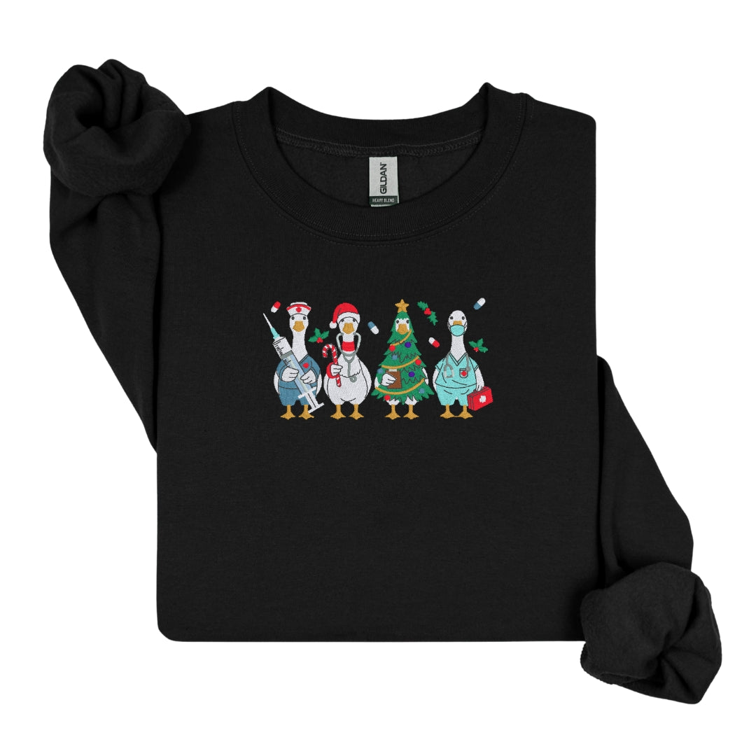 Cozy Nurse Christmas Sweater – Embroidered Goose Nurses Crew
