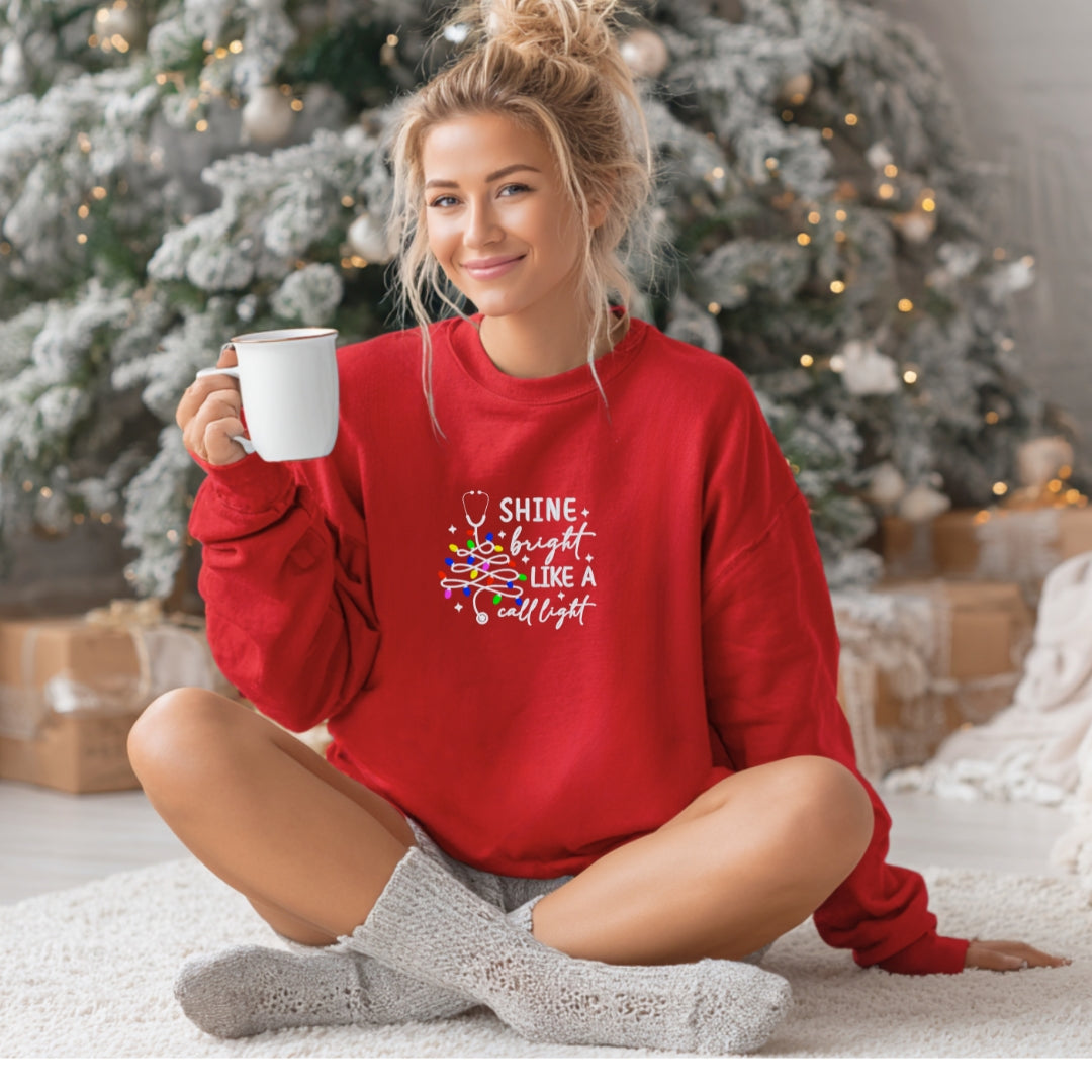Cozy Nurse Christmas Sweater – Shine Bright Like a Call Light