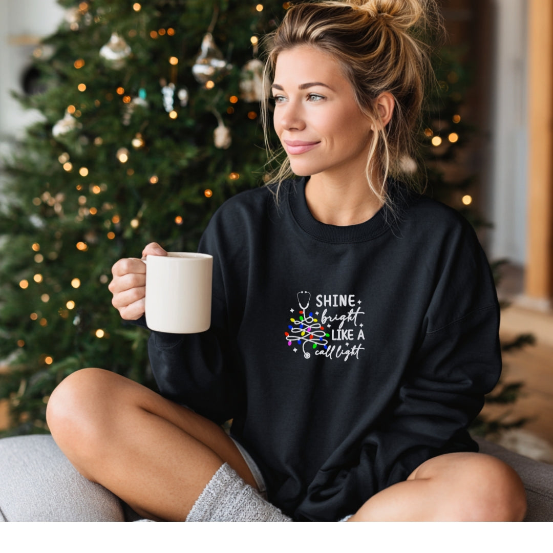 Cozy Nurse Christmas Sweater – Shine Bright Like a Call Light