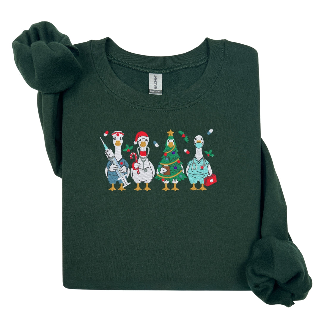 Cozy Nurse Christmas Sweater – Embroidered Goose Nurses Crew