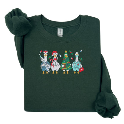 Cozy Nurse Christmas Sweater – Embroidered Goose Nurses Crew