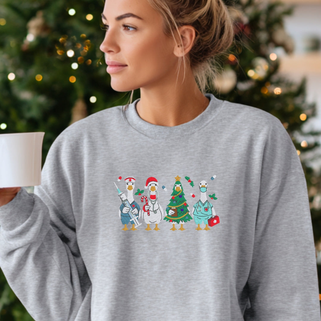 Cozy Nurse Christmas Sweater – Embroidered Goose Nurses Crew